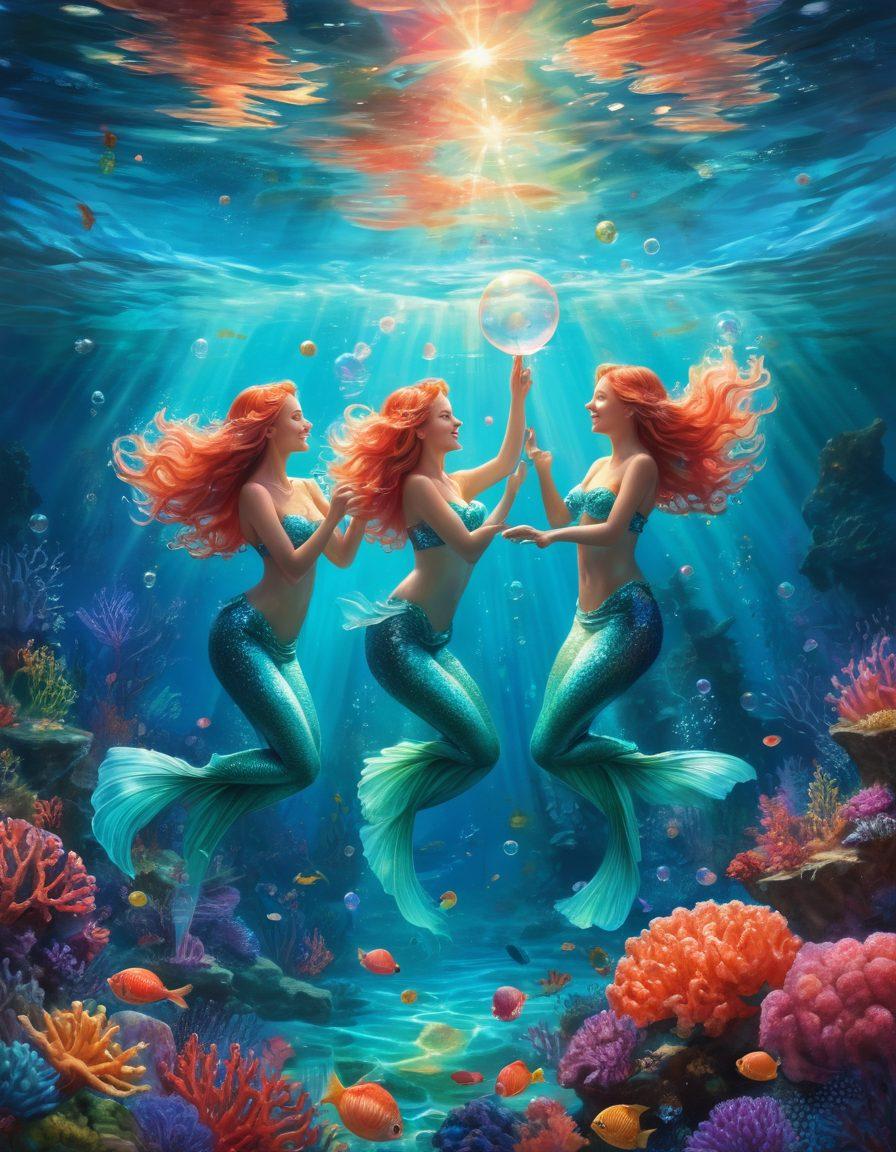 A whimsical underwater scene featuring joyful mermaids celebrating with bright bubbles and colorful coral. The image should include elements of fun adult themes subtly intertwined, such as playful currents and shimmering treasures, all while exuding an overall positive vibe. Light beams filtering through the water should create a dreamy atmosphere. vibrant colors. painting. dreamy style.