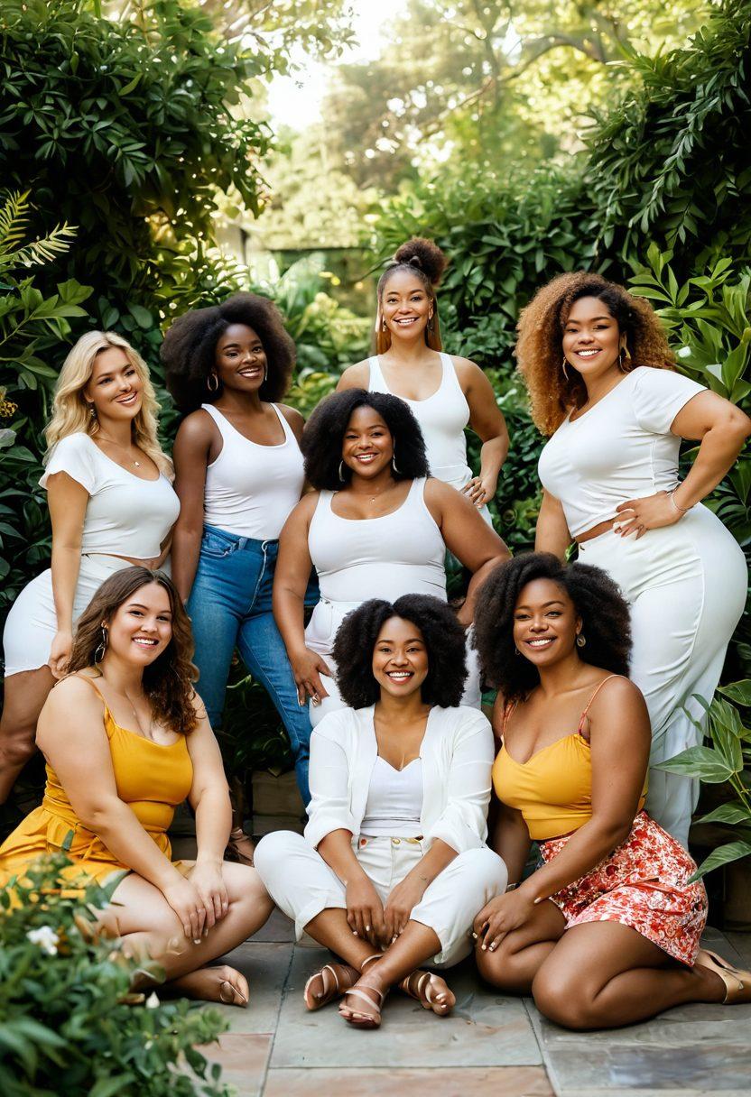 A serene outdoor setting with soft natural lighting, featuring a diverse group of joyful individuals engaged in playful poses, celebrating body positivity and authenticity. Incorporate lush greenery and vibrant flowers in the background to enhance the cheerful atmosphere. The scene exudes confidence and a sense of exploration, with artistic angles capturing the essence of the subjects. super-realistic. vibrant colors. natural lighting.