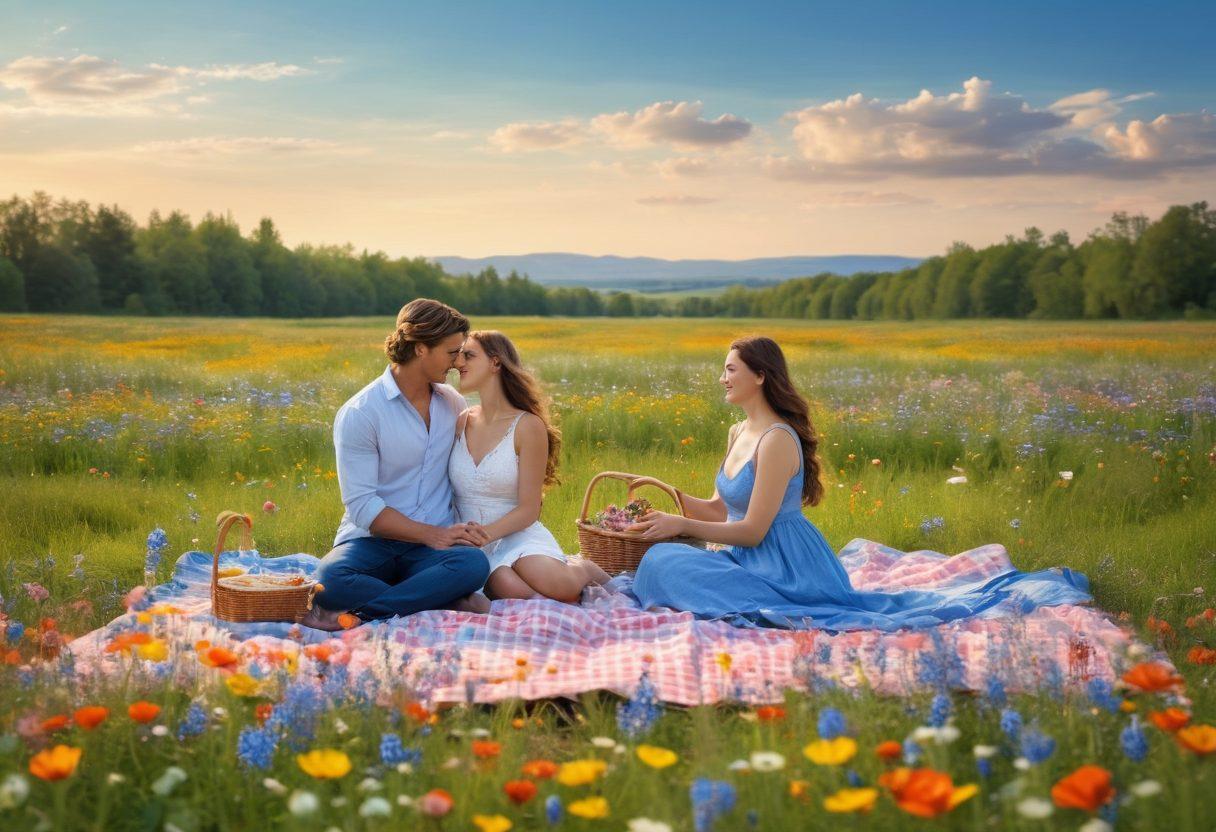 A serene landscape featuring a lush field of blooming wildflowers under a bright blue sky, with a couple enjoying a picnic, surrounded by dreamy, soft lighting. Their expressions radiate joy and connection, as fragrant petals float in the air, symbolizing sensuality and bliss. The scene invites viewers to experience the beauty of love and tranquility. super-realistic. vibrant colors. soft focus.